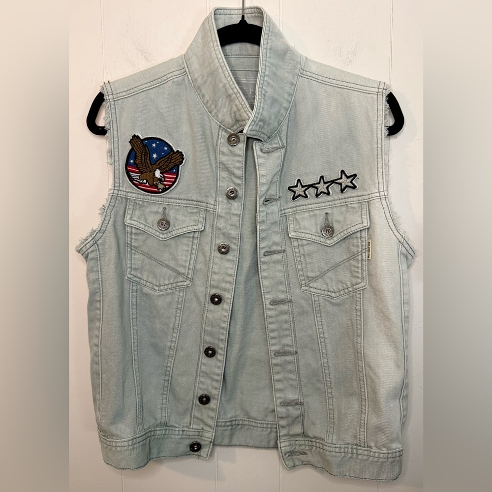 Ring of Fire Blue Distressed Patches Sleeveless Button Down Mens Denim Vest Sz S